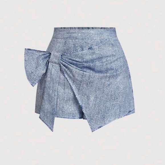 Pants - Women's High Waist Denim Print Bow Shorts, Casual Shorts